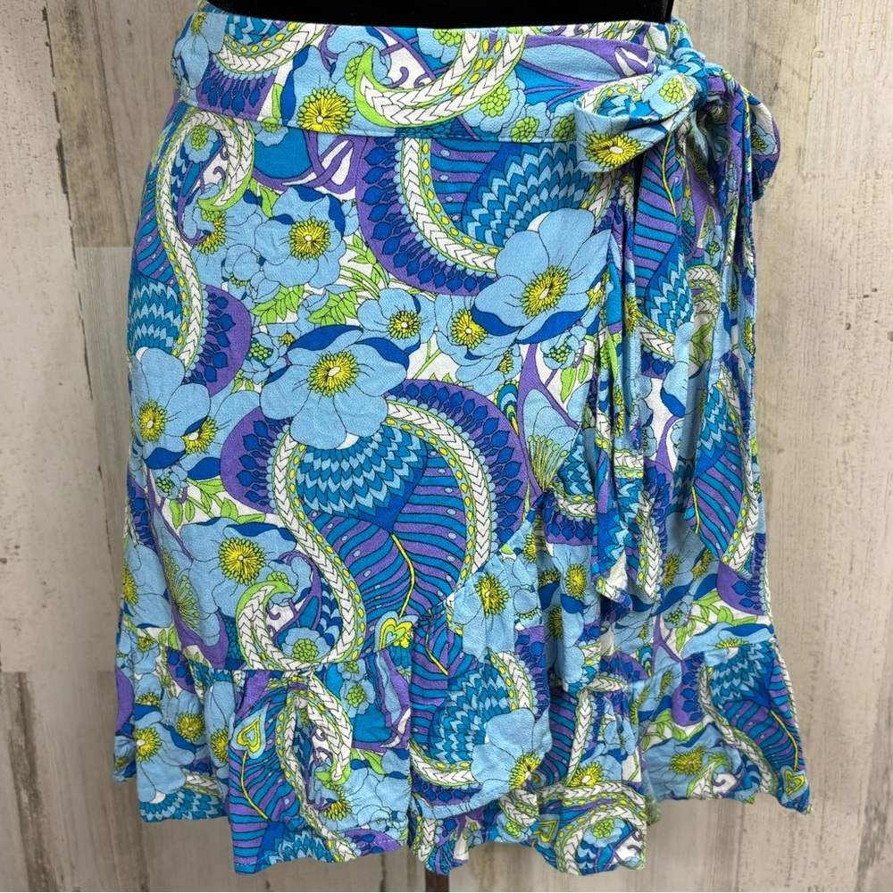 Scoop Paisley Floral Wrap‎ Mini Skirt in Blue and Green